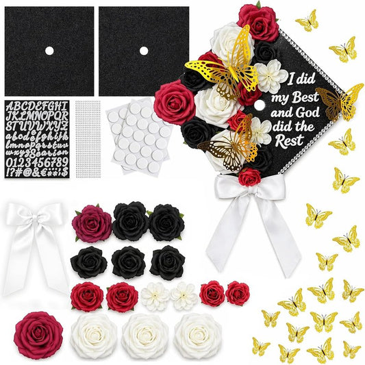 DIY Graduation Cap Decoration Kit - Faux Rose Flower Heads & 3D Butterfly Glitter Stickers | Black Grad Cap Topper