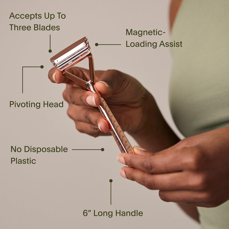 Leaf Shave | Leaf Razor Set, All-Metal Safety Razor with Pivoting Head & Adjustable Blade Loading, Includes Matching Stand, 50 Single-Edge Refills, and Recycling Bank for Used Blades - Rose Gold
