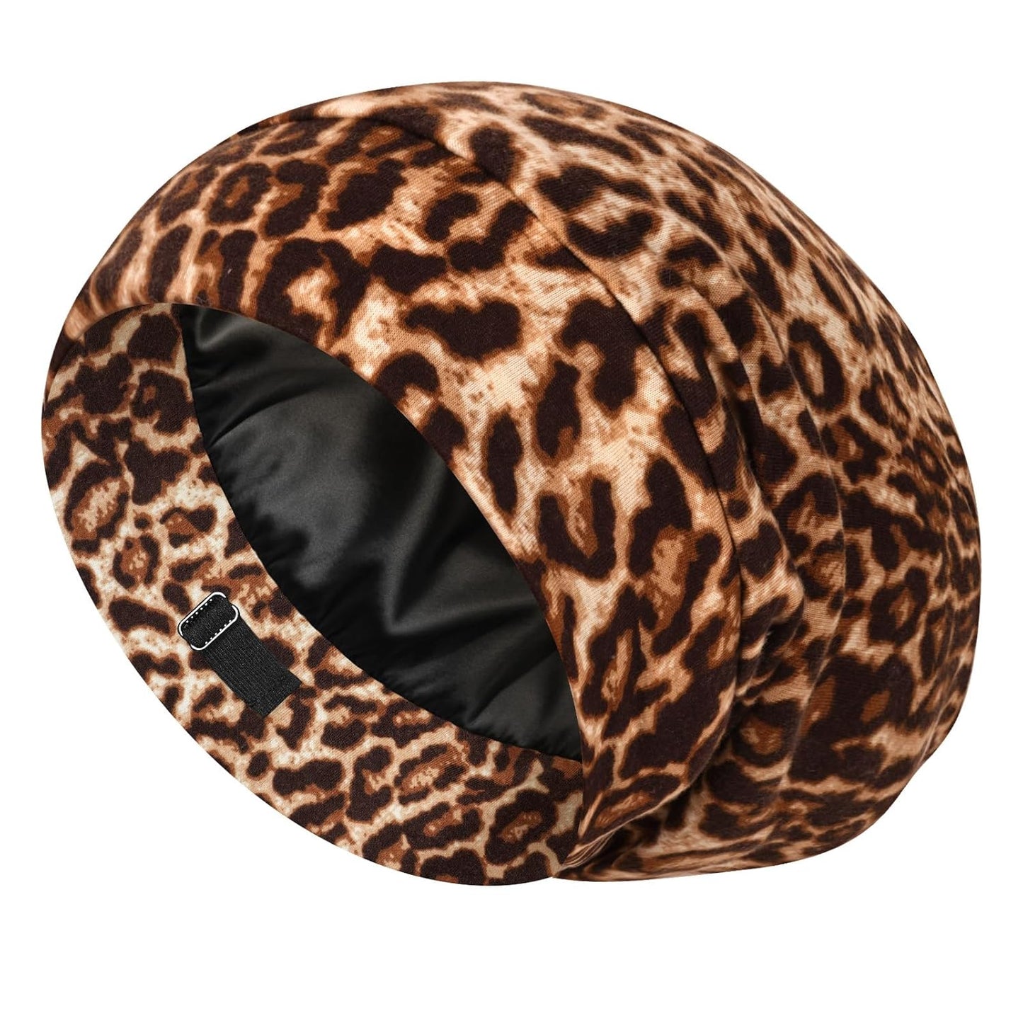 100% Mulberry Silk Bonnet for Sleeping - Adjustable Night Cap | Brown Leopard, Pack of 1