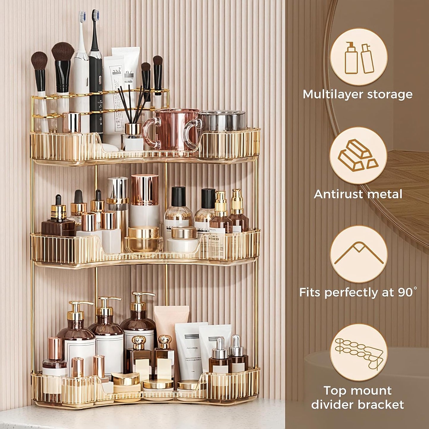 Corner Bathroom Counter Organizer - 3-Tier Makeup & Skincare Storage with Brush Holder | Elegant Gold Finish