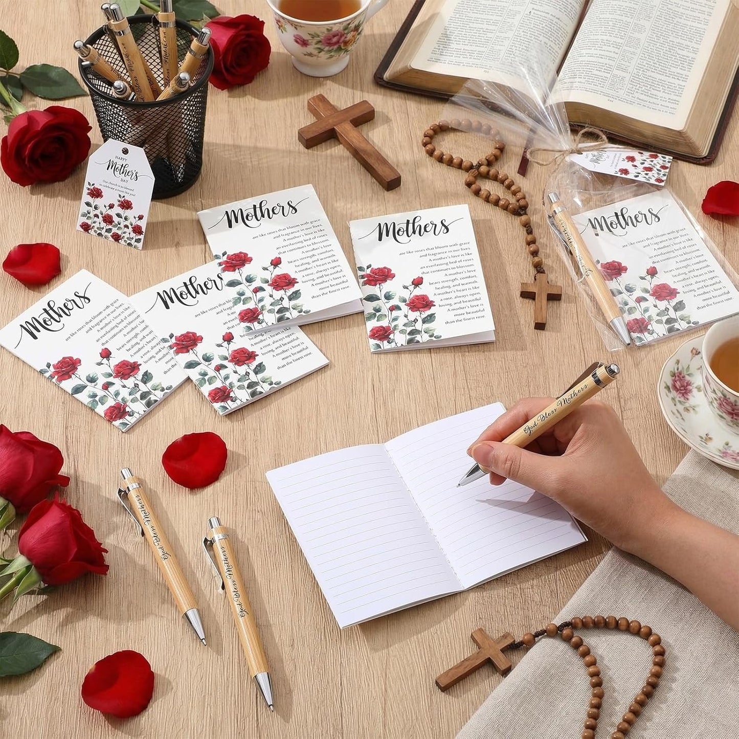 Christian Bible Verse Gifts for Mothers - 30 Sets of Pens, Notebooks & Cards | Perfect for Church & Sunday School (Rose)