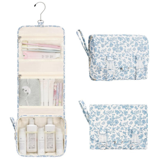Relavel Small Hanging Toiletry Bag for Men and Women, Portable Hanging Organizer for Travel-Sized Shower Dopp Kit, Waterproof Toiletries Organizer with 3 Compartments for Outdoor - Blue Flower