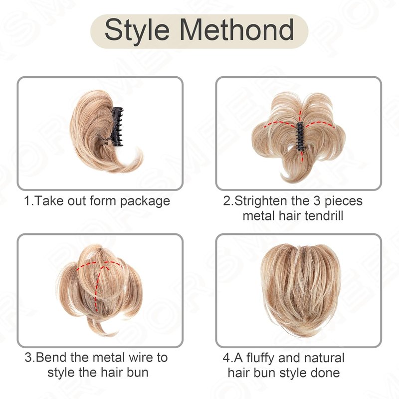 Messy Bun Hair Piece - Claw Clip Short Straight Ponytail Extension | Bendable Synthetic Hair - Deep Blonde with Highlights, 8 Inch