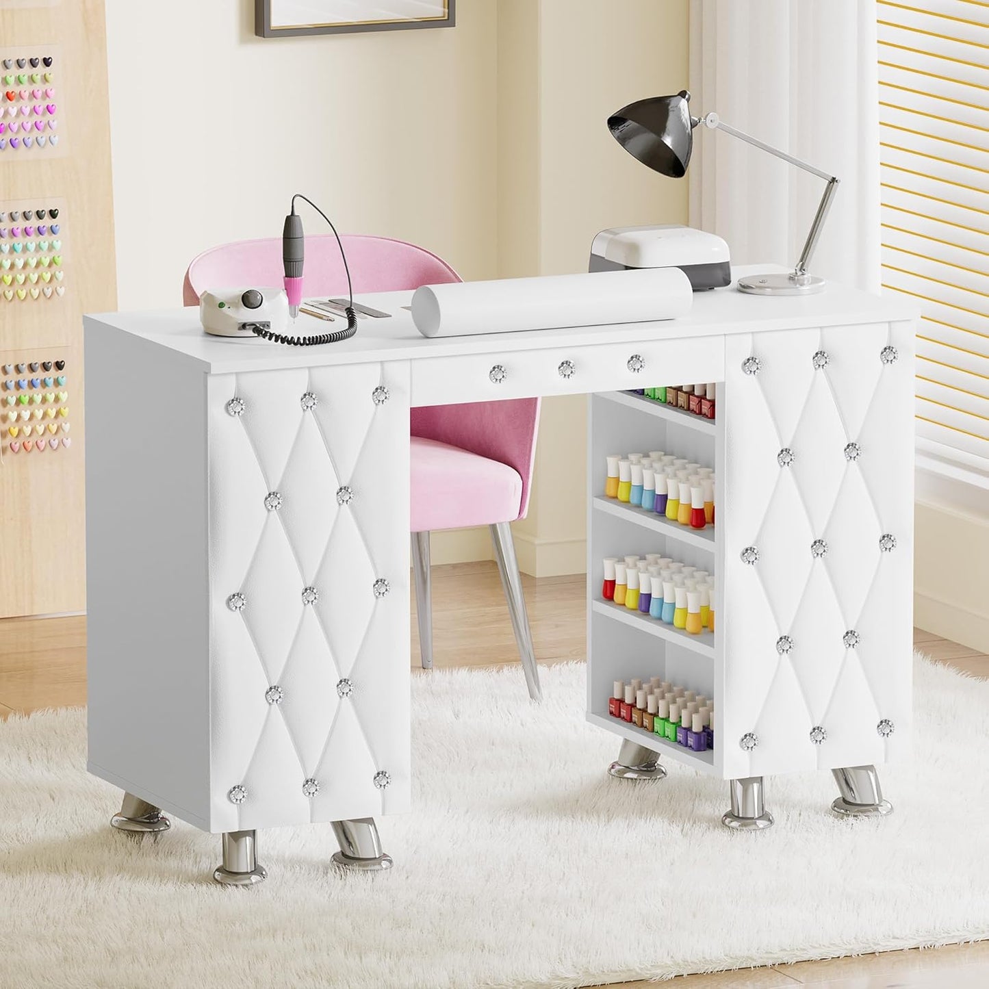 Manicure Table - Nail Desk with Dust Collector & Wrist Rest | Acetone Resistant Workstation with Drawers & White Leather Pad