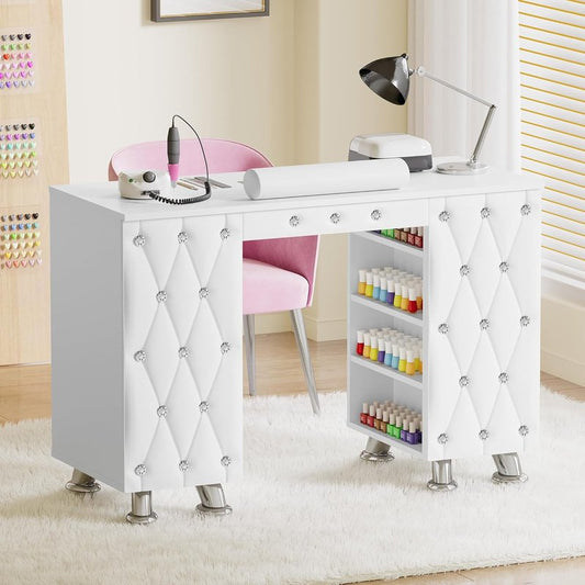 Manicure Table - Nail Desk with Dust Collector & Wrist Rest | Acetone Resistant Workstation with Drawers & White Leather Pad