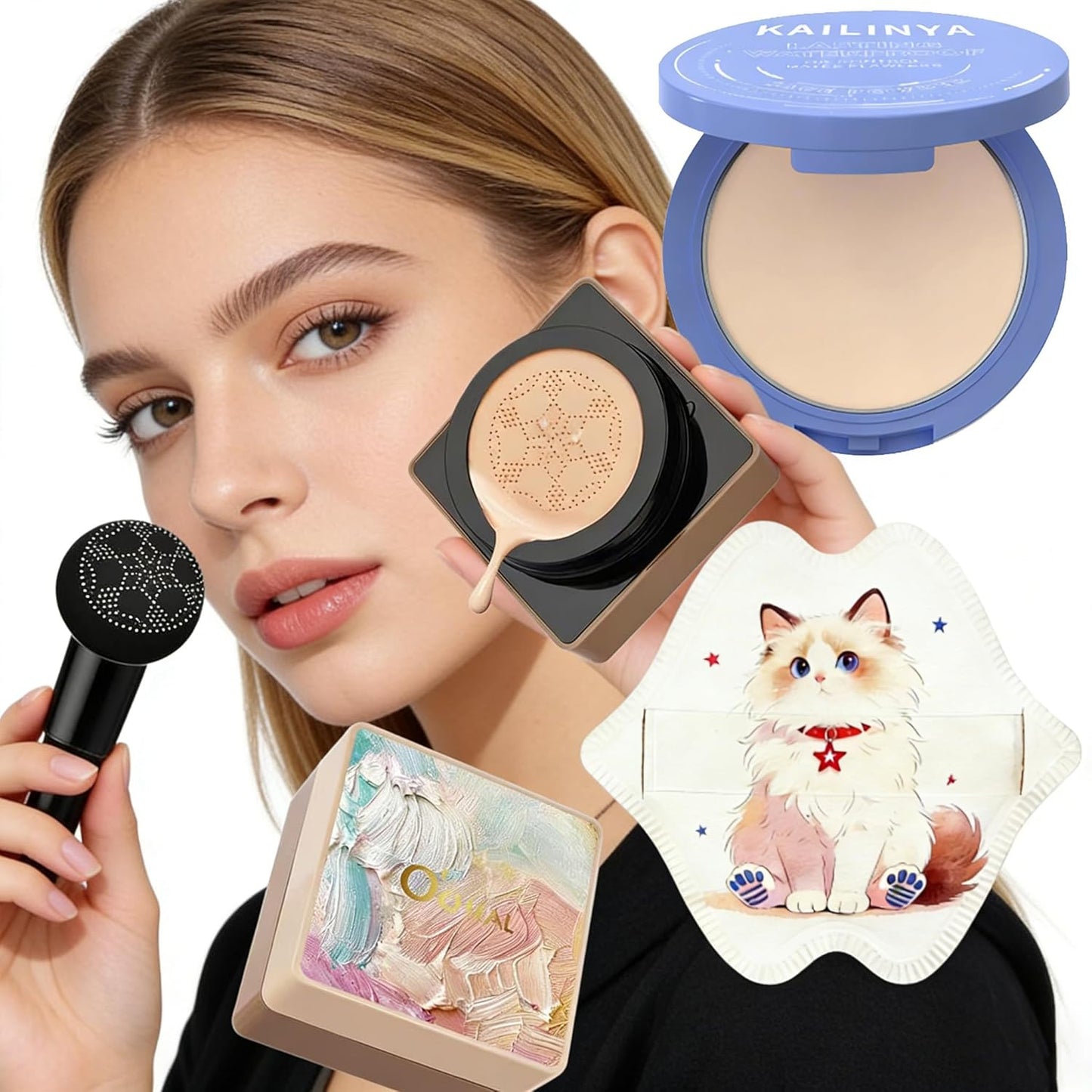 Mushroom-Head Cushion Foundation & Setting Powder Set - Long-Lasting Matte Finish | 3 Shades Available (Ivory White)
