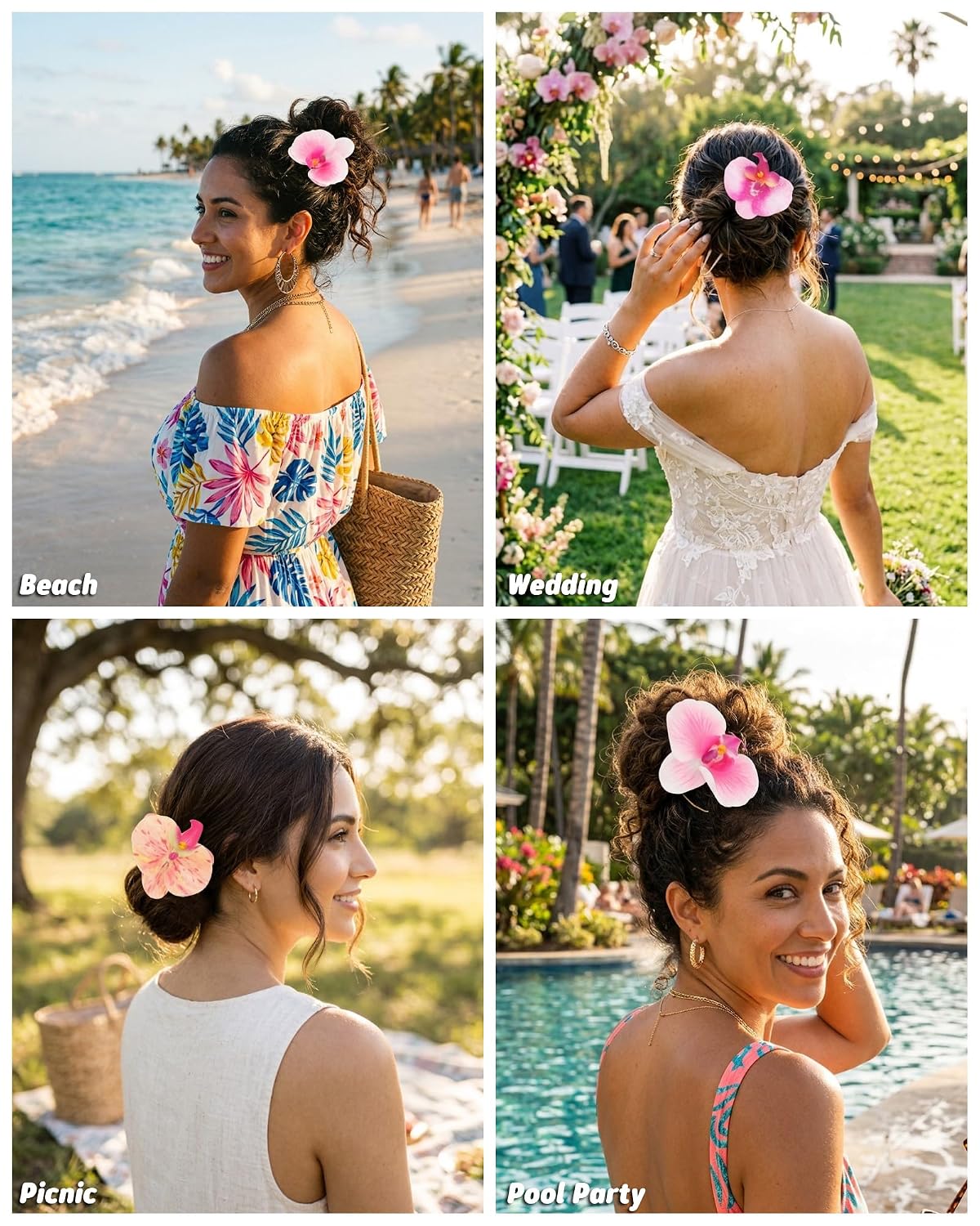 Hawaiian Orchid Flower Hair Pins - 3 Pack Metal Hair Sticks for Thick Hair Updos | Perfect for Beach Vacations