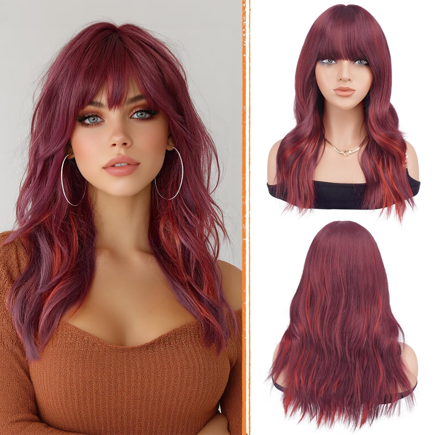 Haloo Red Wigs with Bangs - 19 Inch Natural Wavy Synthetic Heat Resistant Medium Length Hair Wigs for Women Daily Party, Mix Red