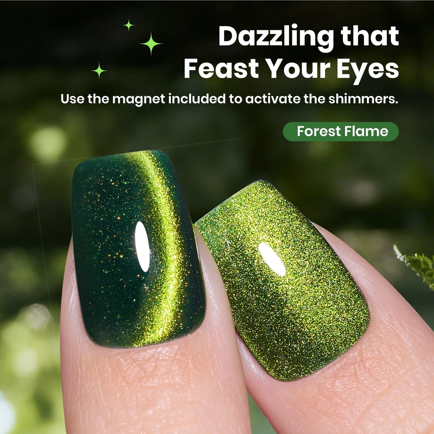Beetles Forest Flame Green Cat Eye Gel Nail Polish - 15ML Green Cat Eye Gel Polish Glitter Magnetic Translucent Glassy Effect Soak Off UV French Nail Art DIY Manicure Gifts for Women