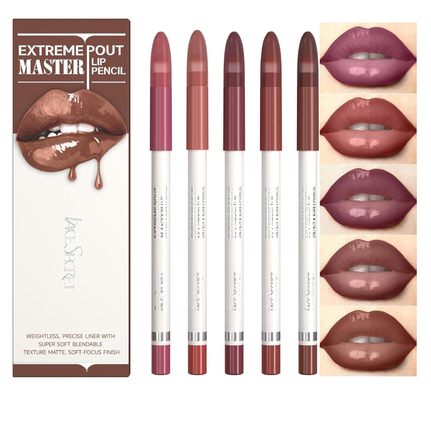 Matte Lip Liner Pencil Set - 5PCS Waterproof & Smudge-Proof | Warm Brick Red & Cocoa Brown Shades