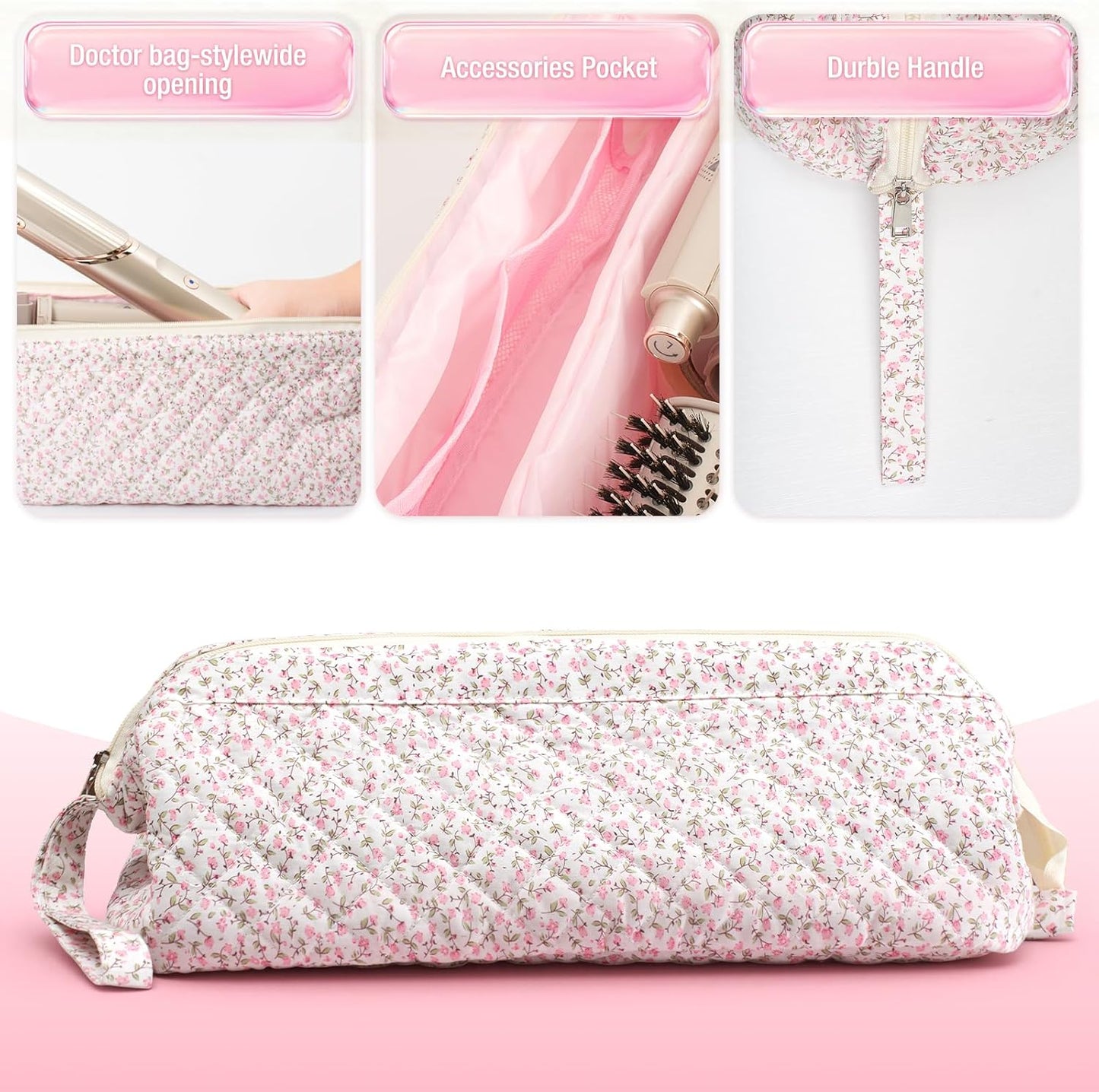 Quilted Hair Tool Travel Bag - Dyson Airwrap & Shark Flex Style Case | Pink Floral Organizer for Curling Irons