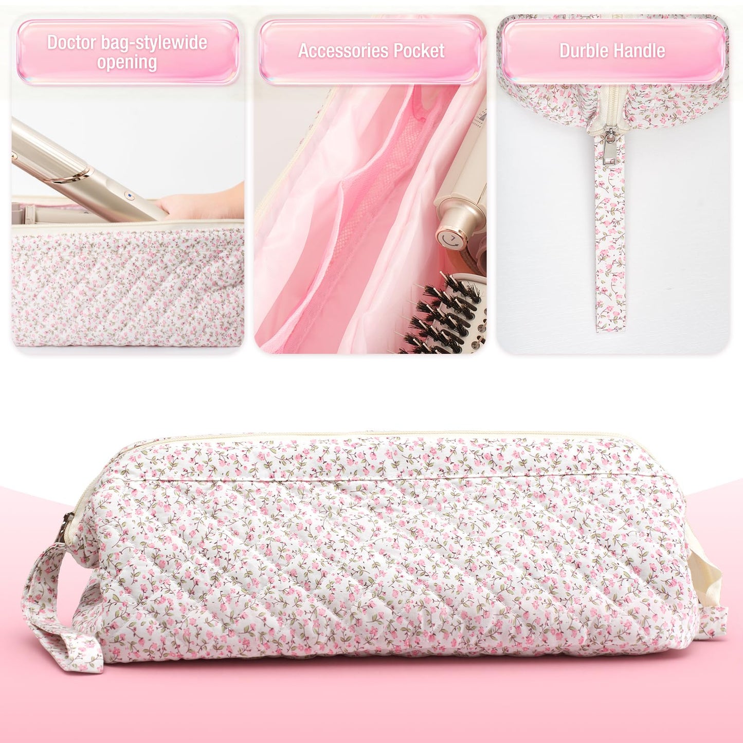 Voryssent Quilted Hair Tool Travel Bag, Shark Flex Style Travel Case For Dyson Hair Dryer Airwrap Bag, Curling Iron Bags Quilted For Shark Dyson Revlon Organizer Accessories - Pink Floral