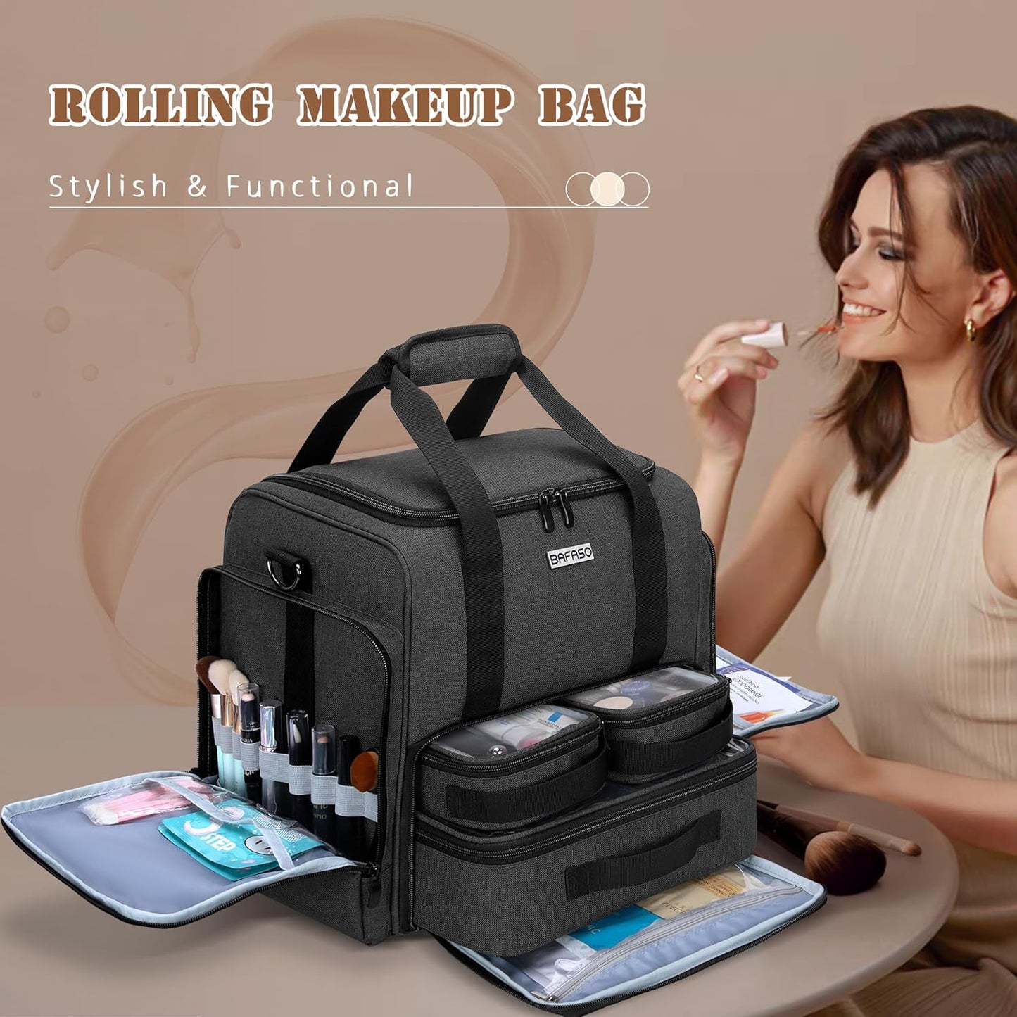 Rolling Makeup Case - Professional Cosmetic Train Case with 3 Removable Pouches & Brush Bag | Black