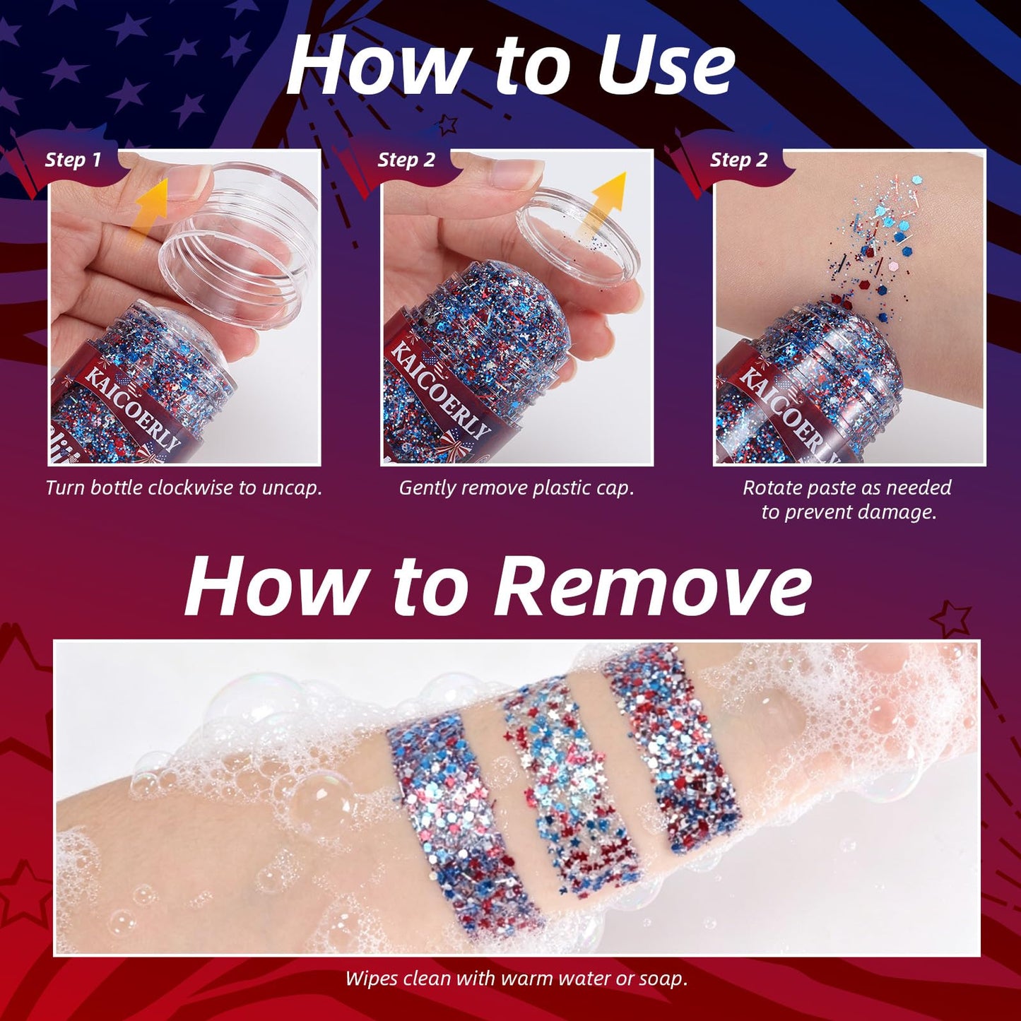 KAICOERLY Patriotic Glitter Stick for Face and Body – Red White and Blue Chunky Sequins, 4th of July Accessories for Women, President's Day Gifts, USA 250th Anniversary Merchandise #13