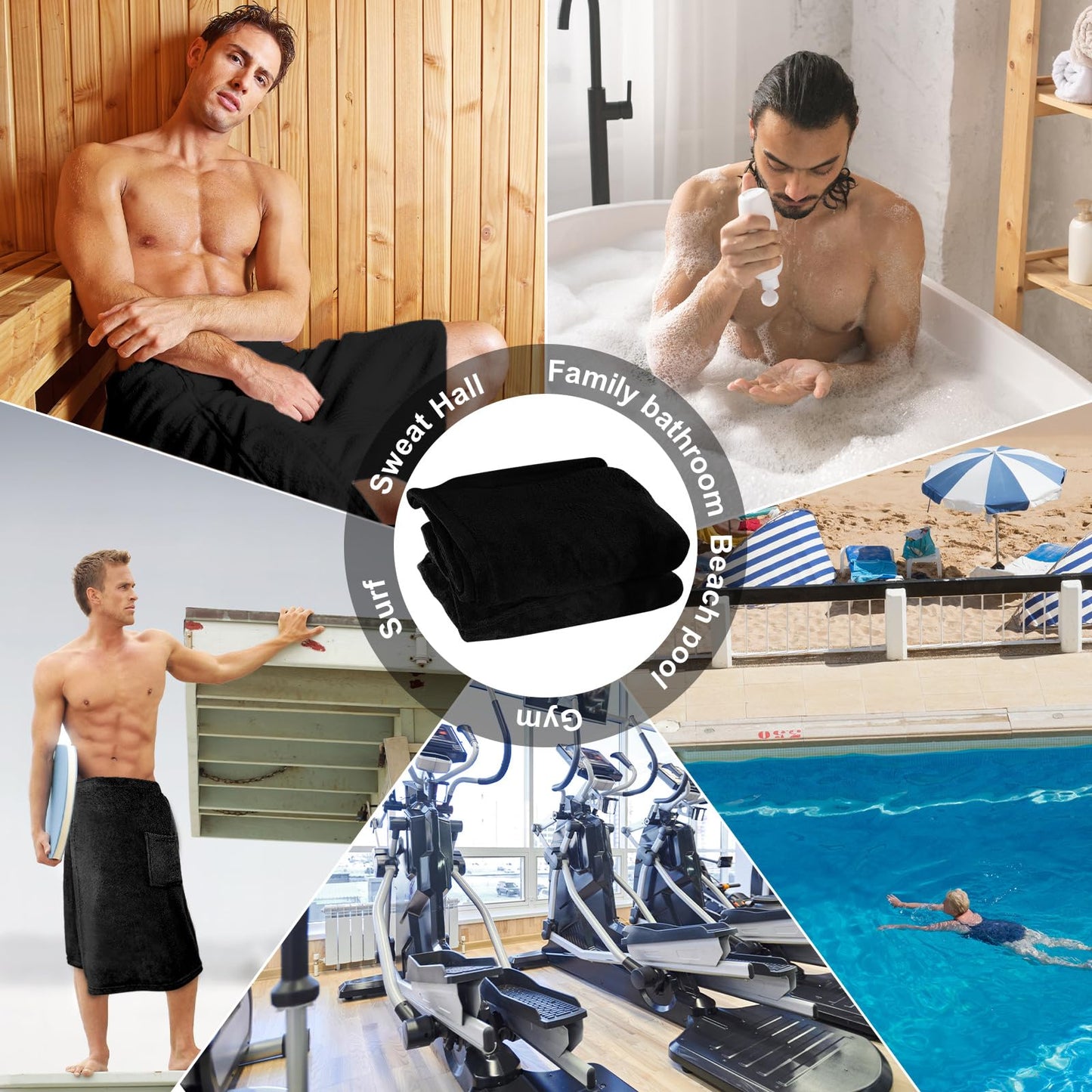 Tudomro 1 Pcs Men's Bath Wrap Towel X-Large Shower Adjustable Terry Body Spa Towel with Pocket After Shower Wrap for Men Gift Spa College Bath Dorm Room Gym (Black)