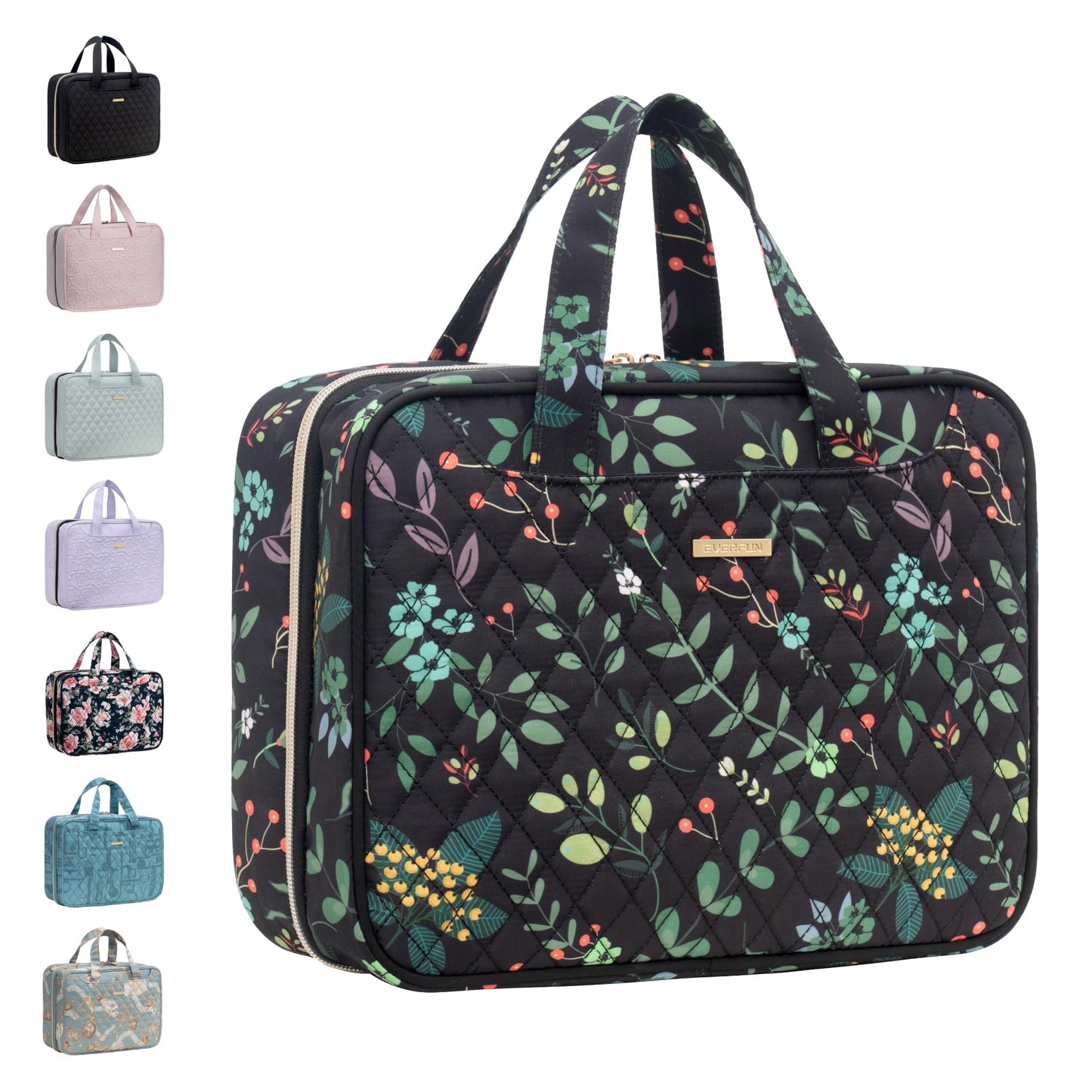 Everfun Travel Toiletry Bag with Hanging Hook and Leakproof Wet/Dry Compartments, Large Capacity Makeup Cosmetic Organizer for Women, 12x9x4.5 Inch, Black Leaves