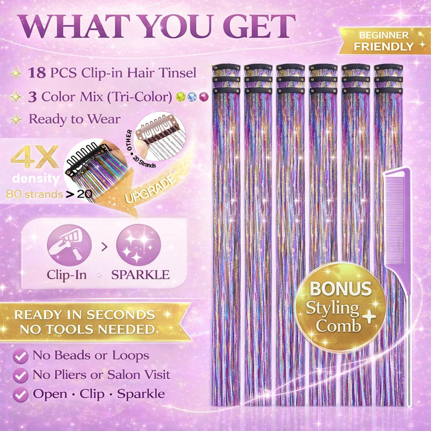 Hair Tinsel Clip in Pack of 18 Pcs Silver Hair Accessories 22 Inch Glitter Fairy Hair Tinsel Kit for Women Girls Tinsel Hair Extensions for Party Gatherings Festival (Silver)