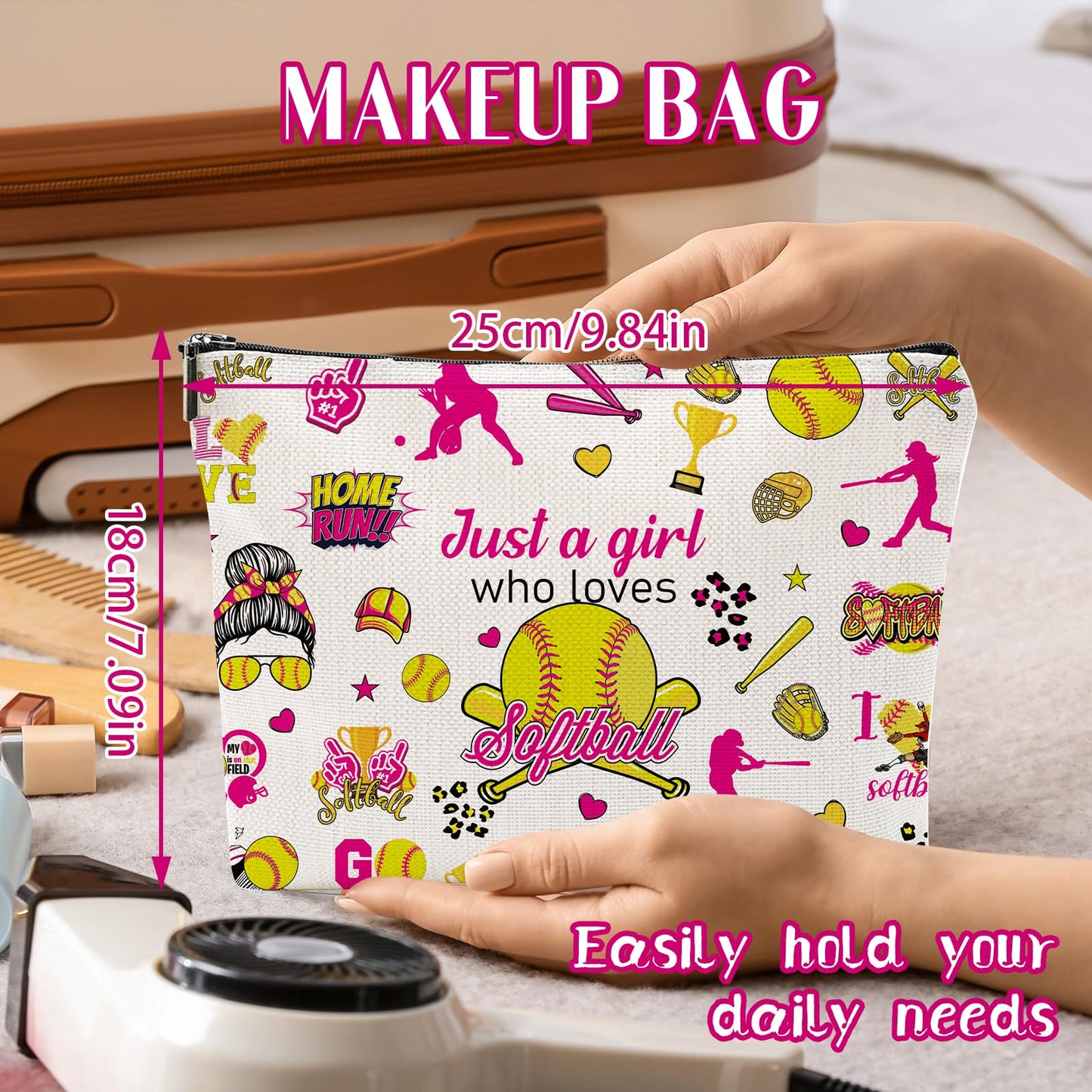 Sitsink Softball Lover Gifts - Just a Girl Who Loves Softball Makeup Bag, Sports Fan Gift Ideas Zipper Pouch