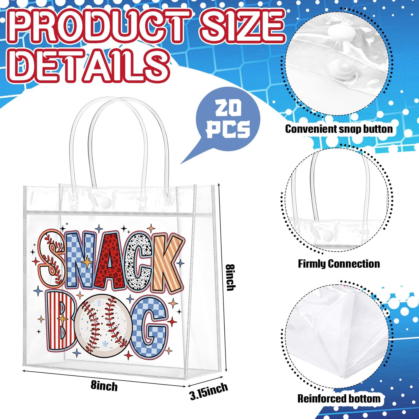 Wesnoy 20 Pcs Baseball Snack Bags with Handles Reusable Cool Baseball Goodie Bags for Team Candy Birthday Party Supplies 8 x 8 x 3.15''
