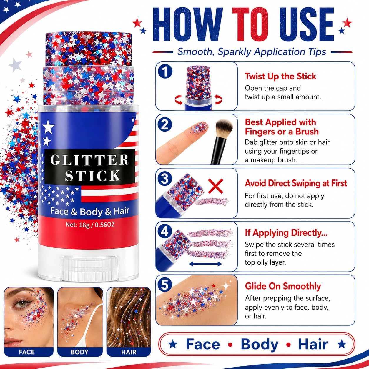 Red White and Blue Glitter Stick - Waterproof Star Face & Body Glitter for 4th of July | Patriotic USA Flag Glitter, 0.56oz
