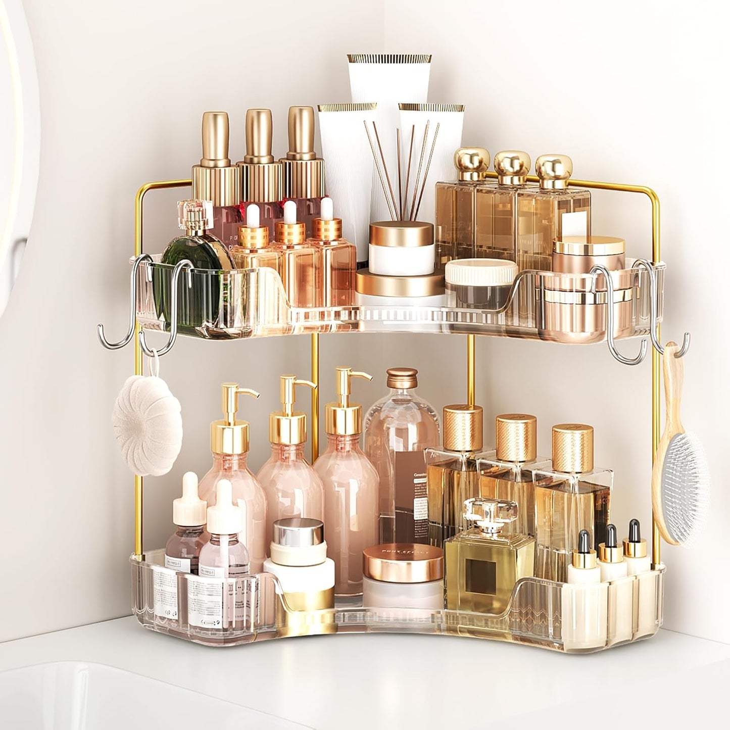 Corner Bathroom Counter Organizer - 3-Tier Storage Shelf with Hooks for Makeup & Skincare | Clear