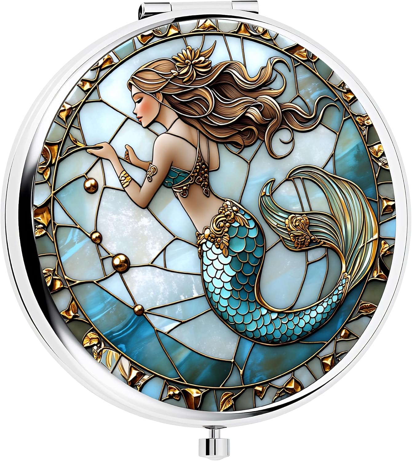 Double-Sided Silver Compact Mirror - 2.8x2.8 Inch Mermaid Design | Perfect Gift for Women