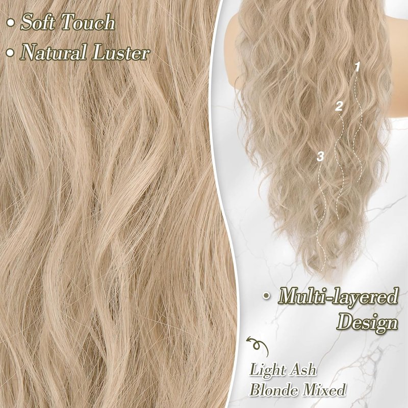 Blonde Ponytail Extensions - 26 Inch Curly Wavy Drawstring Hairpiece for Women | Light Blonde Mixed