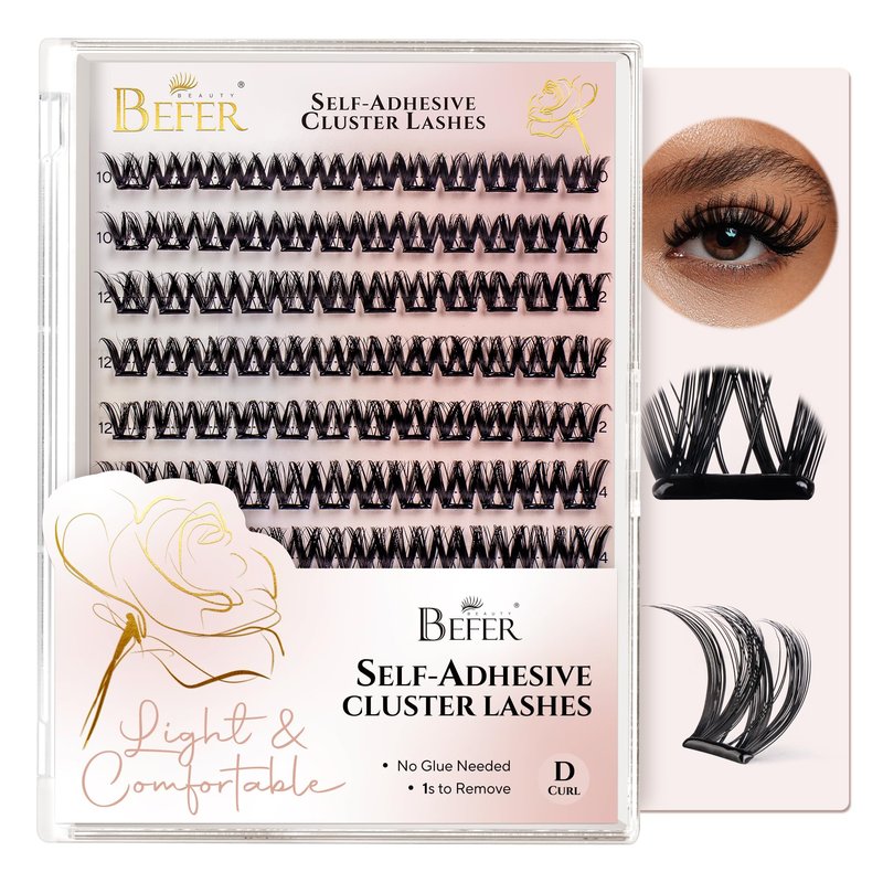 BEFER Self Adhesive Eyelashes Clusters, D Curl 10-16MM Pre Glued Lash Natural Look No Glue No Remover Needed Reusable Lashes Press on Eyelash Clusters Easy for Use DIY at Home(TYB102,Velvet)