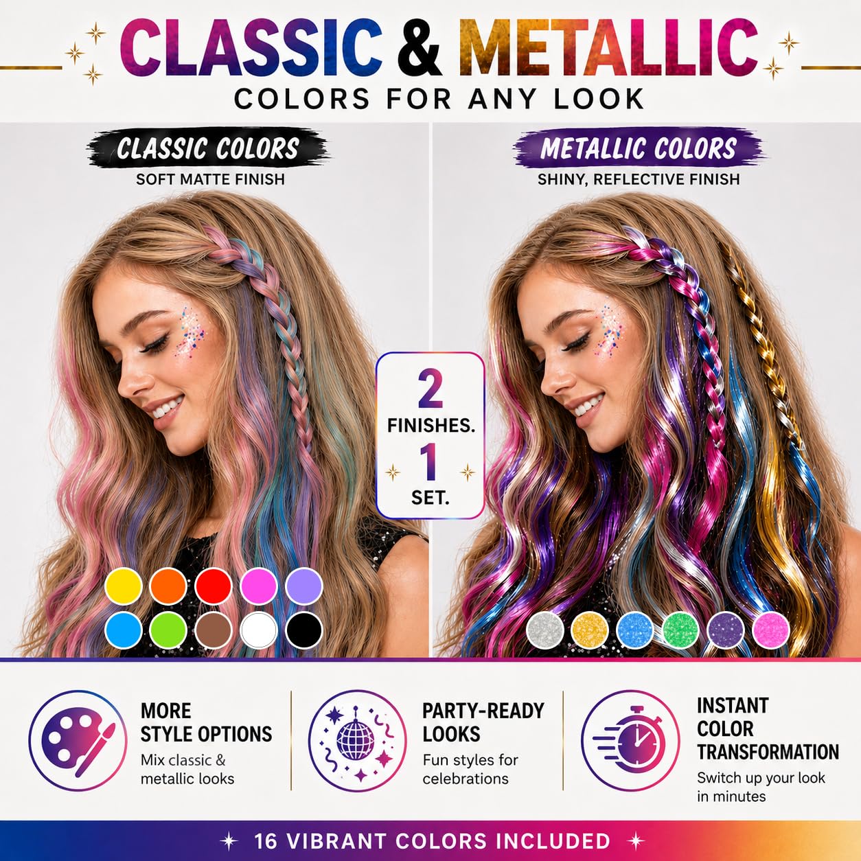 Hair Chalk Set - 16 Washable Colors with 6 Metallic Shades | Fun Temporary Hair Color for Teens & Tweens