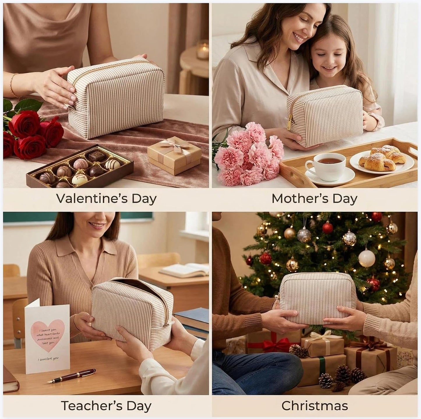 Makeup Bags Set of 6 - Large Seersucker Cosmetic Pouches for Bridesmaid Proposals | Khaki Toiletry Organizers