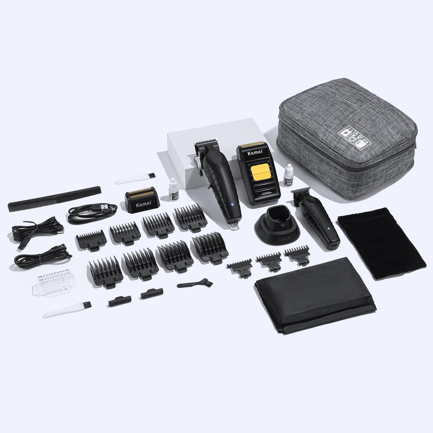 KEMEI Professional Hair Clipper and Trimmers Set, Cordless Barber Clippers, Beard Trimmer, Electric Foil Shaver with Replacement Heads, KM-PG2299, KM-2296, KM-1102