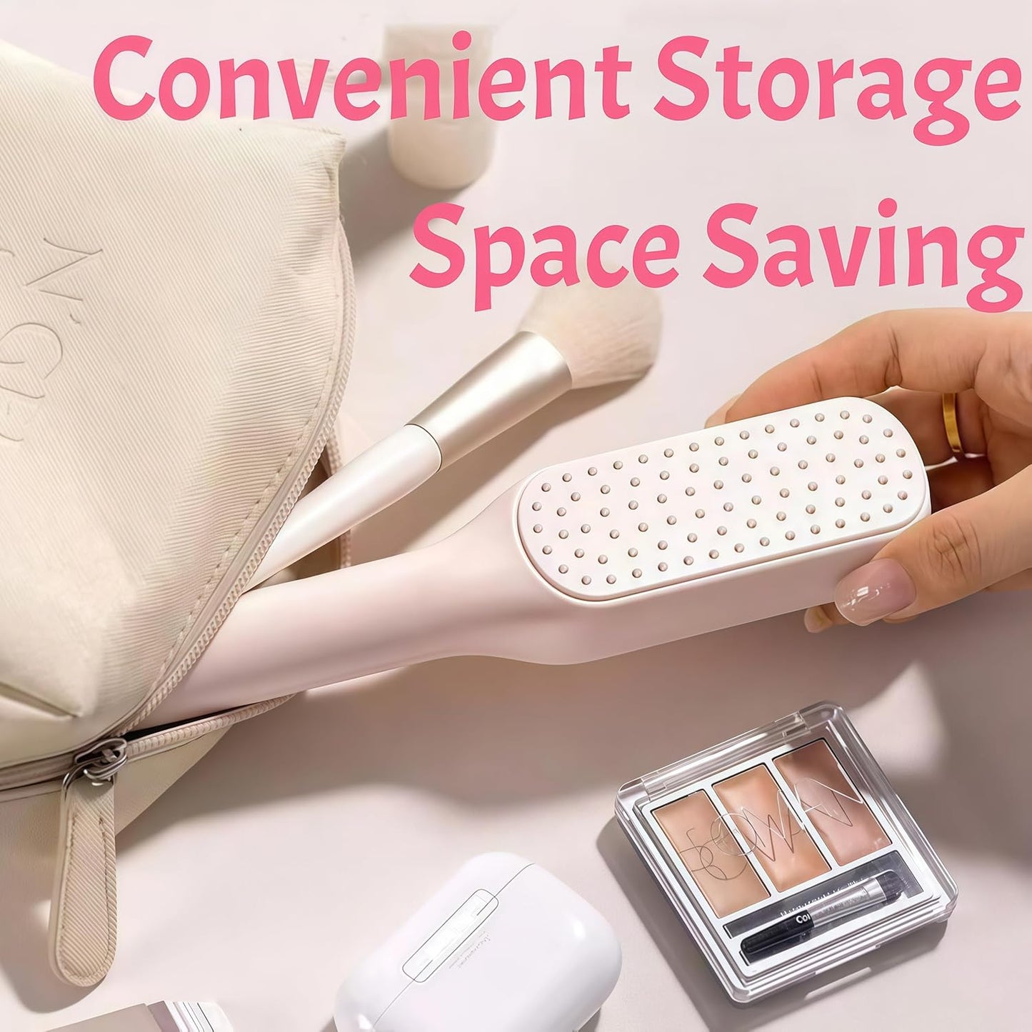 Self-Cleaning Hair Brush Set - Retractable Cushion Massage Comb for Women | Travel-Size, Lightweight Pink & White