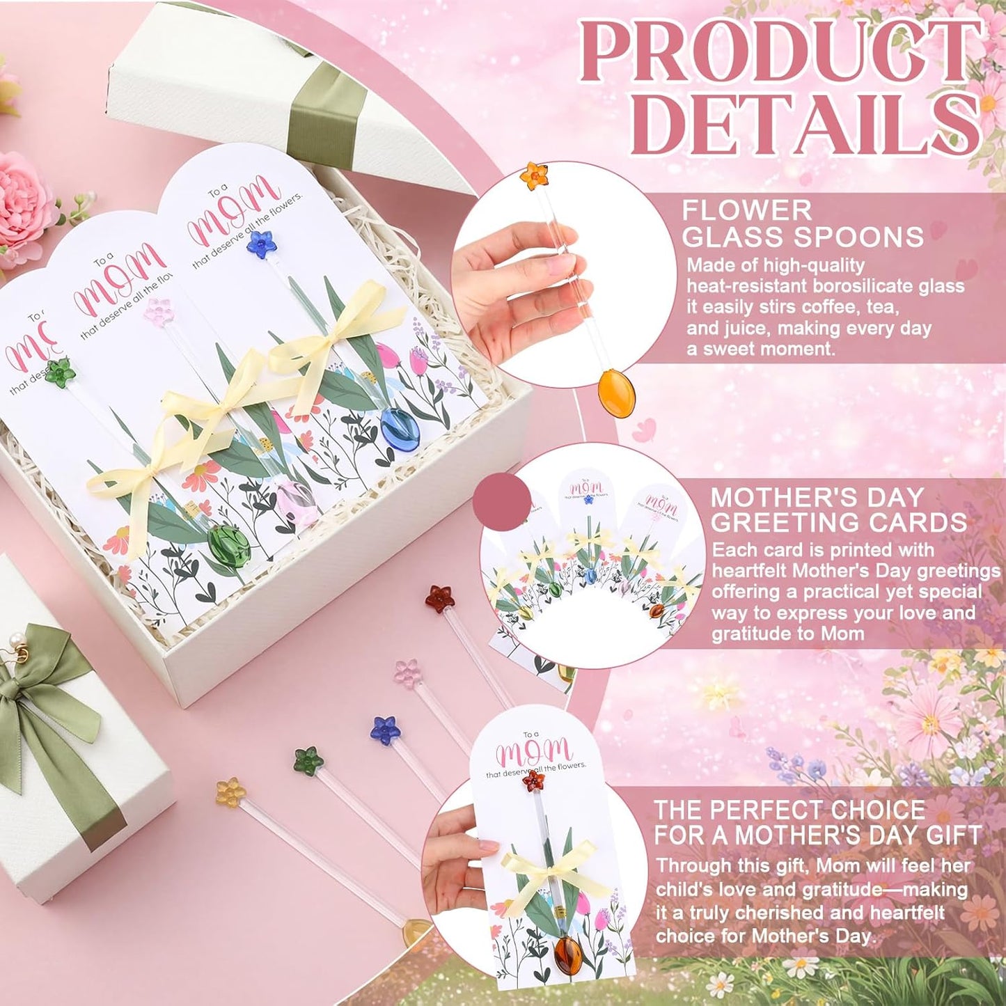 Mifoci 20 Sets Mother's Day Flower Glass Spoons - DIY Gifts for Mom | Includes Stirring Rods & Cards