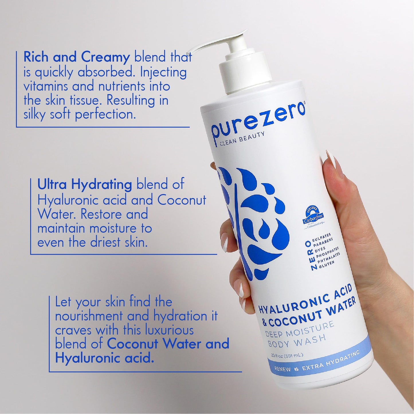 Purezero Hyaluronic Body Wash Deep Moisturizer - Soft Skin Hydration - Moisturizing Skin Cleanser + Coconut Water - No Sulfates, Parabens, Dyes (1 Pack)