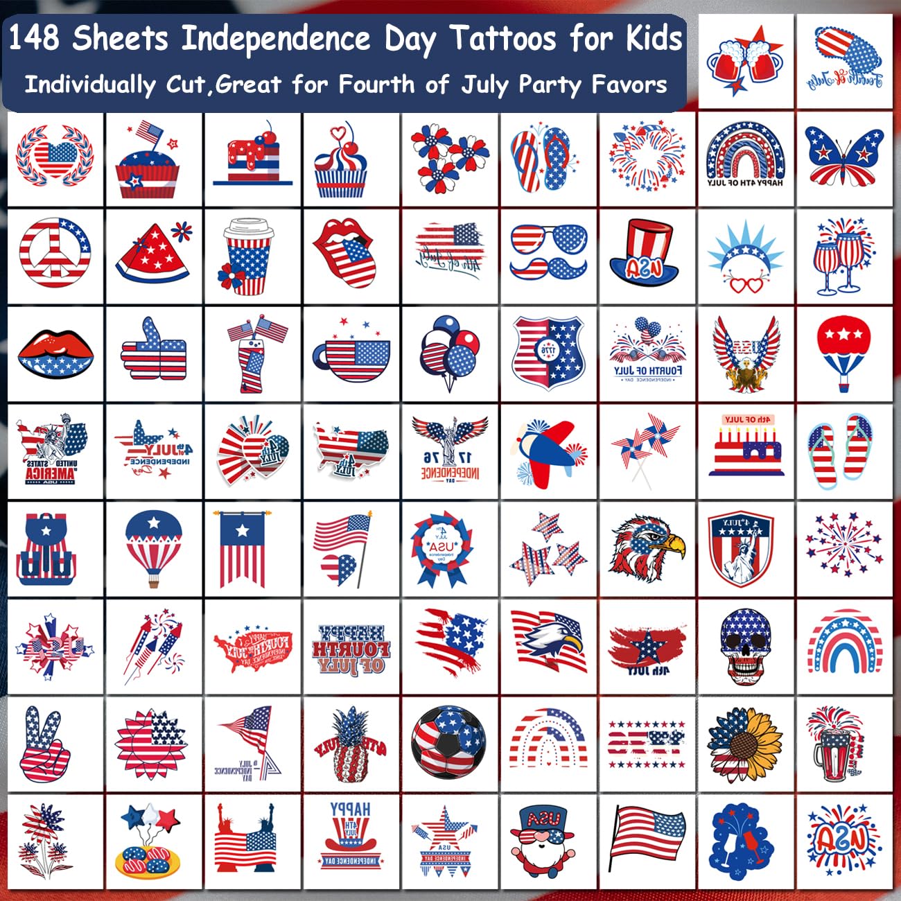 4th of July Temporary Tattoos - 148 American Flag Designs for Kids & Adults | Independence Day Party Favors