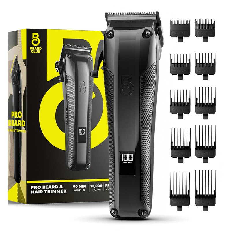 The Beard Club Pro Beard Trimmer for Men - Professional Men's Hair Trimmer for Barbers - Electric Cordless Rechargeable High Power 13,000 RPM - 10 Guides - Taper Lever - Diamond Like Carbon Blades