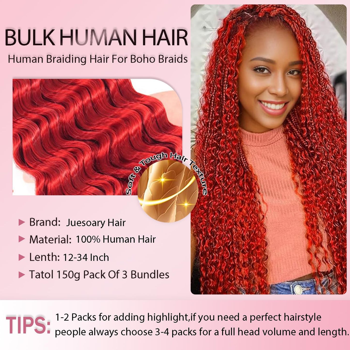 Red Human Braiding Hair for Boho Braids 150g 3 Bundles 12 12 12 Inch Wine Red Deep Wave Bulk Hair Burgundy Curly Human Hair Extensions for Braids Wet and Wavy Braid
