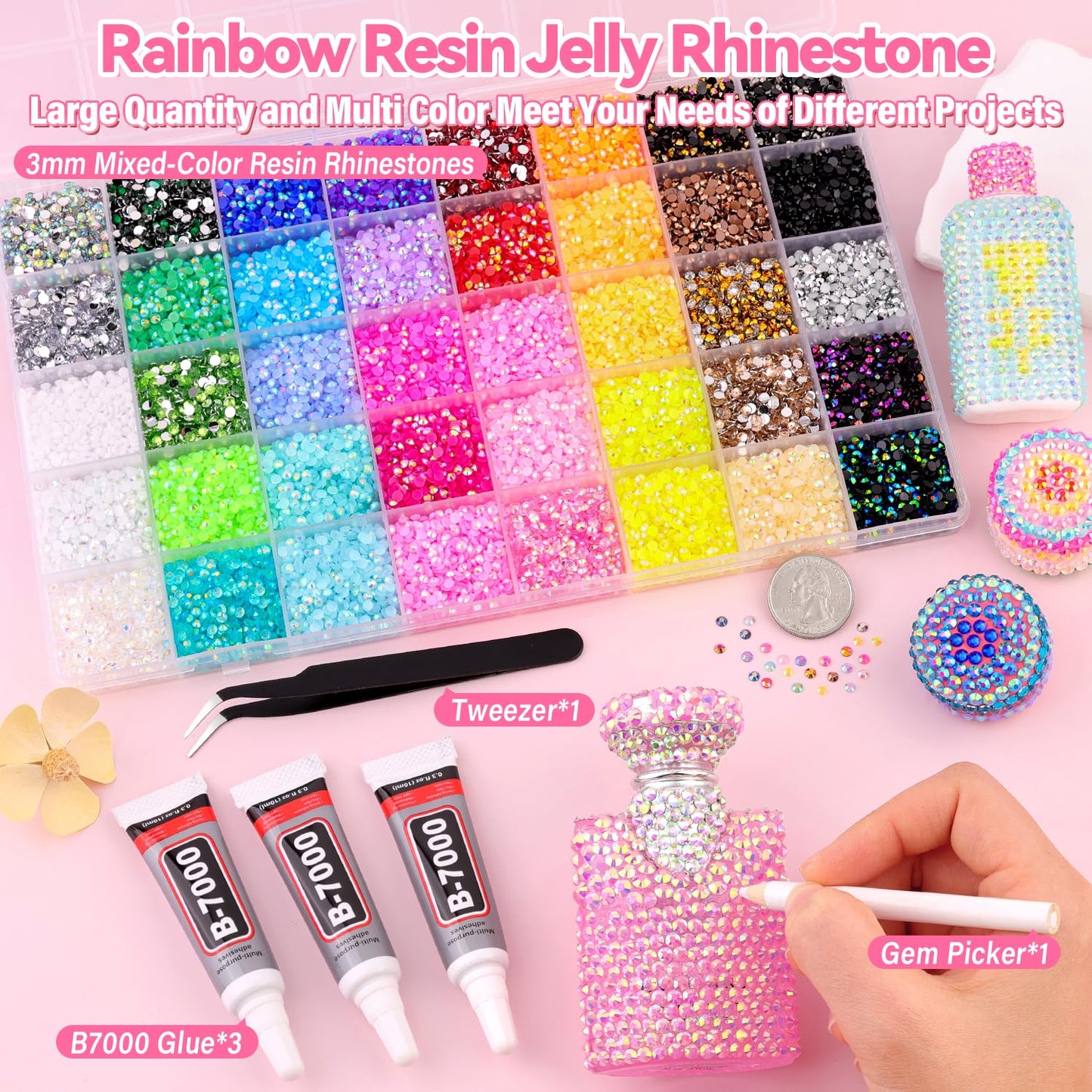 50000Pcs Jelly Rhinestones for Bedazzling Kit, Multi-Color 3mm Resin Flatback Gems with 3Pcs 10ml B7000 Jewelry Glue, Bedazzled Crystal for DIY Crafts Clothing Nail Art Makeup