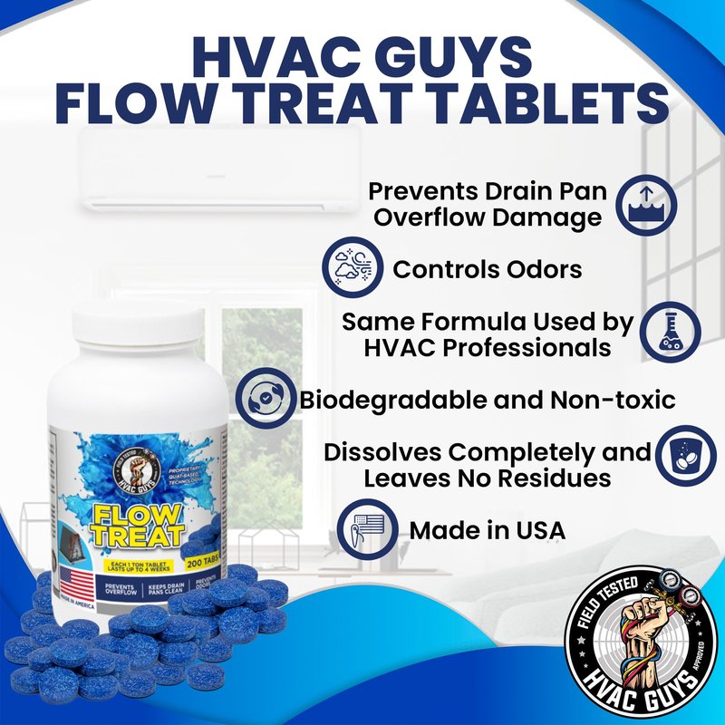 HVAC GUYS – Flow Treat Tabs - 200 Tablets | AC Drain Line Cleaner | Prevents Odors, Keeps HVAC Drain Pan Clean, Prevents Overflow | One Tablet Lasts up to 4 Weeks