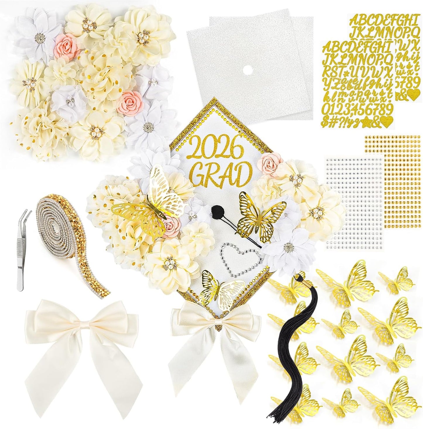 Graduation Cap Decorations Kit 2026 - DIY 36PCS Floral & Rhinestone Set | Pink 3D Butterflies & Alphabet Stickers