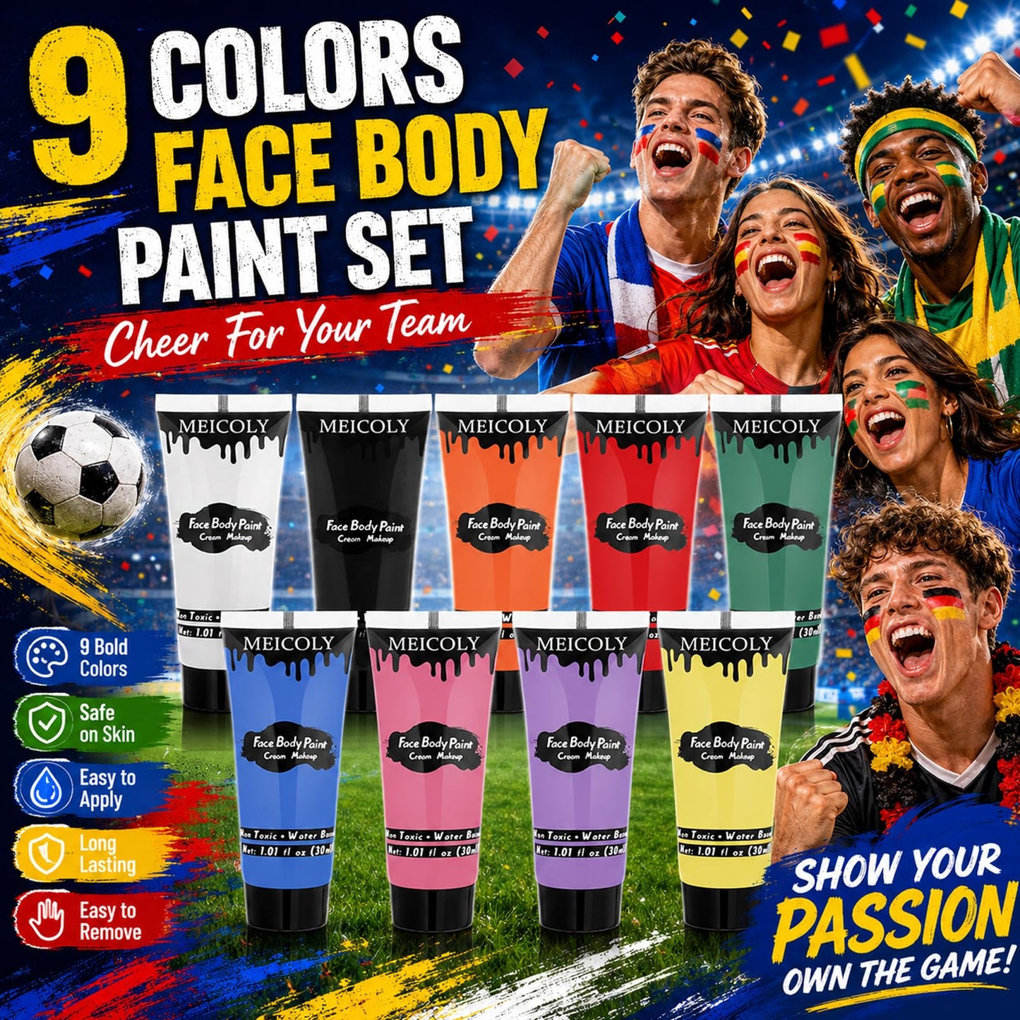 MEICOLY 9 Colors Face Body Paint Set,1.01x9oz/Box,Water Based Washable Face Paint for Adult Kid,Elphaba Green Face Paint,Safe Body Paint for Skin,Red White Blue Face Painting Kit for Halloween Makeup