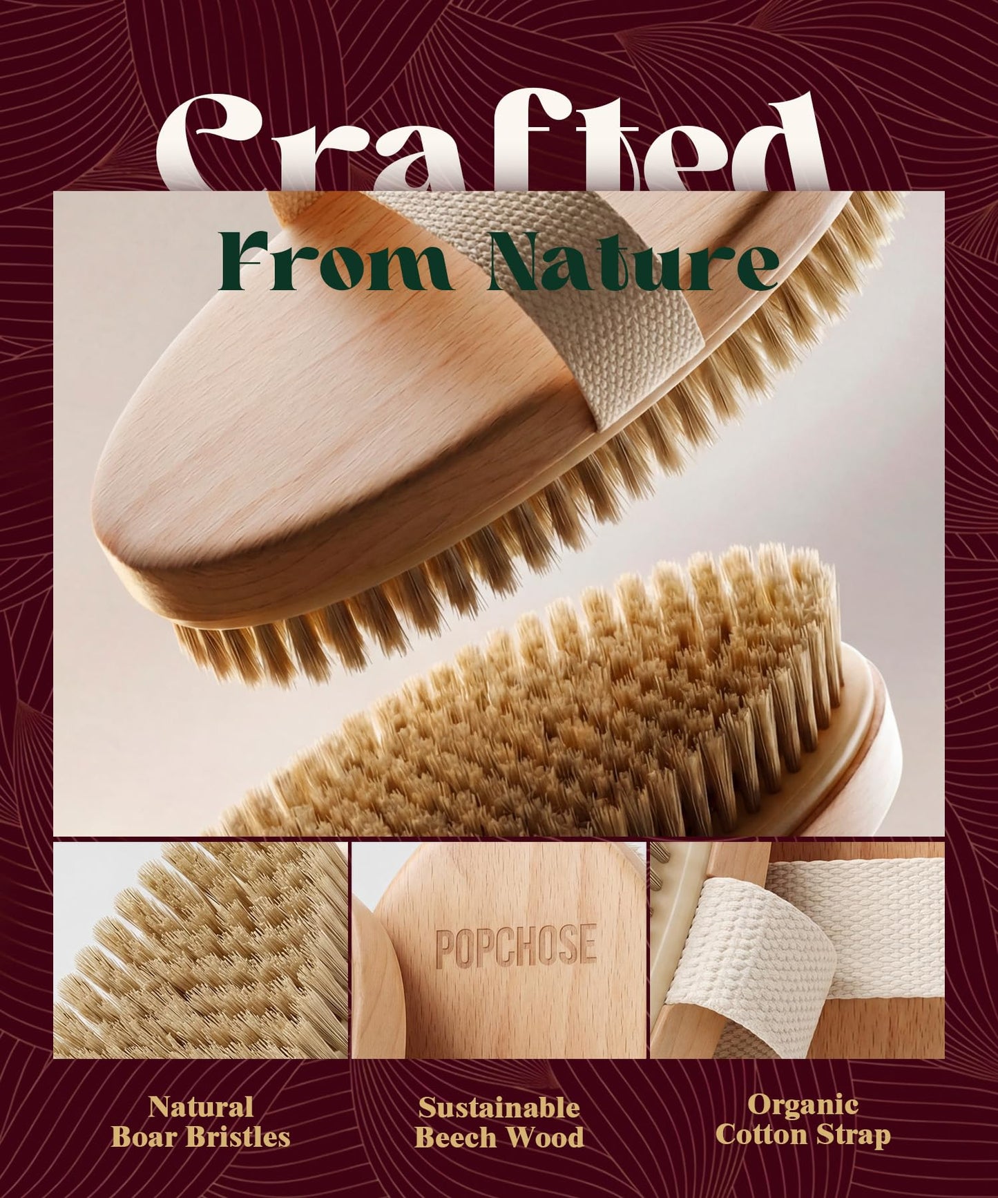 POPCHOSE Dry Brushing Body Brush, Natural Bristle Dry Skin Exfoliating Brush Body Scrub for Flawless Skin, Cellulite Reduction, Lymphatic Drainage and Blood Circulation Improvement