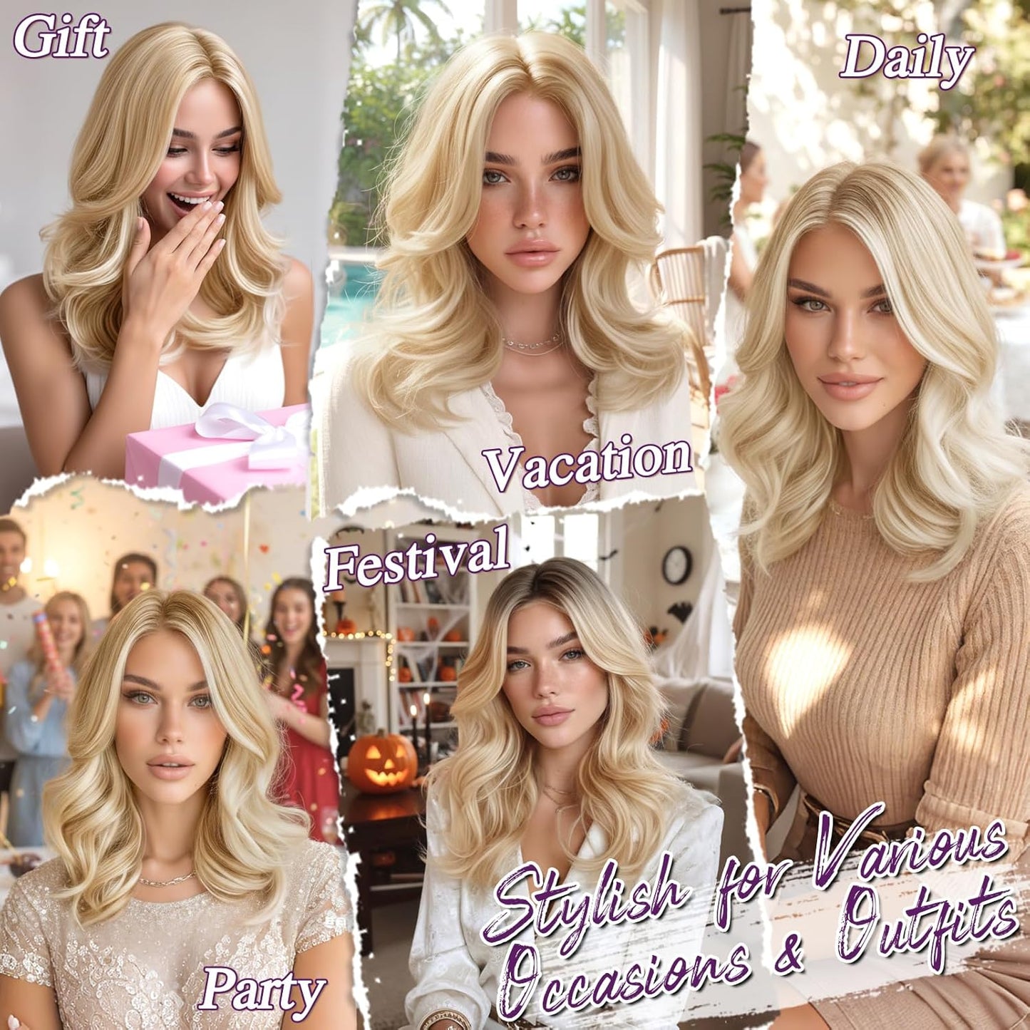 Short Wavy Layered Blonde Ombre Wig - Shoulder Length Body Wave with Face-Framing Bangs | Soft Synthetic Hair for Daily Wear