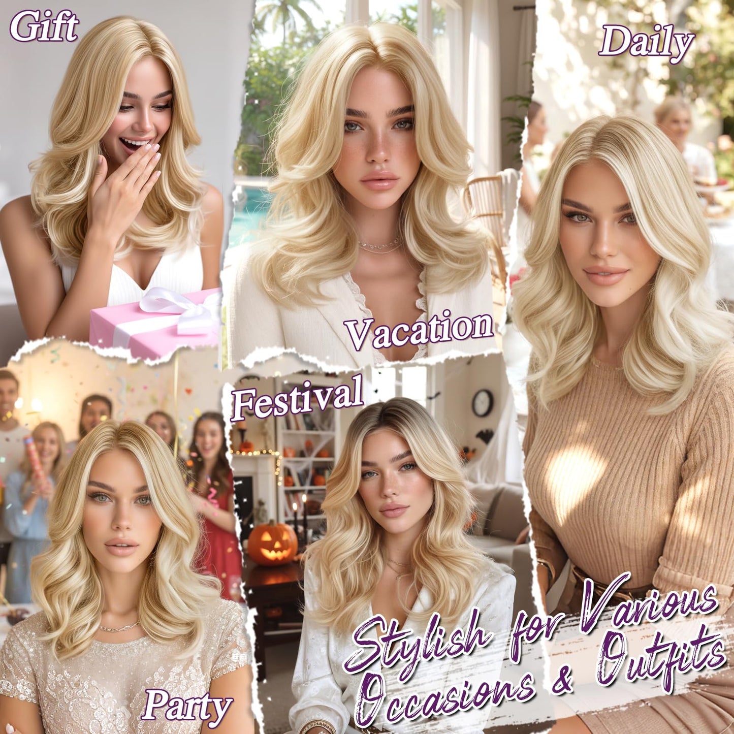 BARSDAR Short Wavy Layered Blonde Ombre Wig - Shoulder Length Wavy Ombre Blonde Wigs for Women - Short Body Wave Layered Wig with Face-Framing Curtain Bangs Soft Synthetic Natural Looking Daily Party