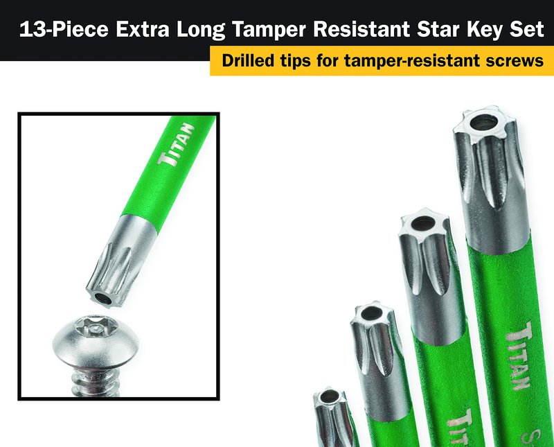Titan Tools 12715 Extra-Long Arm Tamper Resistant Star Key Set - 13 Piece , Green, 1