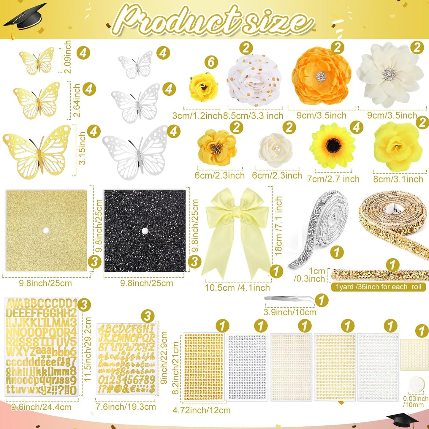 DIY Graduation Cap Decorations Kit - 68 Pcs Faux Flowers, 3D Butterflies, Rhinestones & Alphabet Stickers | Yellow