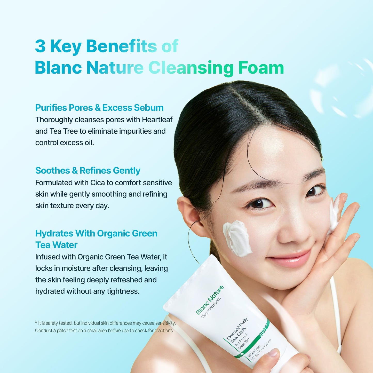 BLANC NATURE Cleansing Foam, Tea Tree Pore Deep Facial Cleanser for Oily & Sensitive Skin, Centella Asiatica, Green Tea, Korean Skincare, 5.07 fl oz (150 ml)