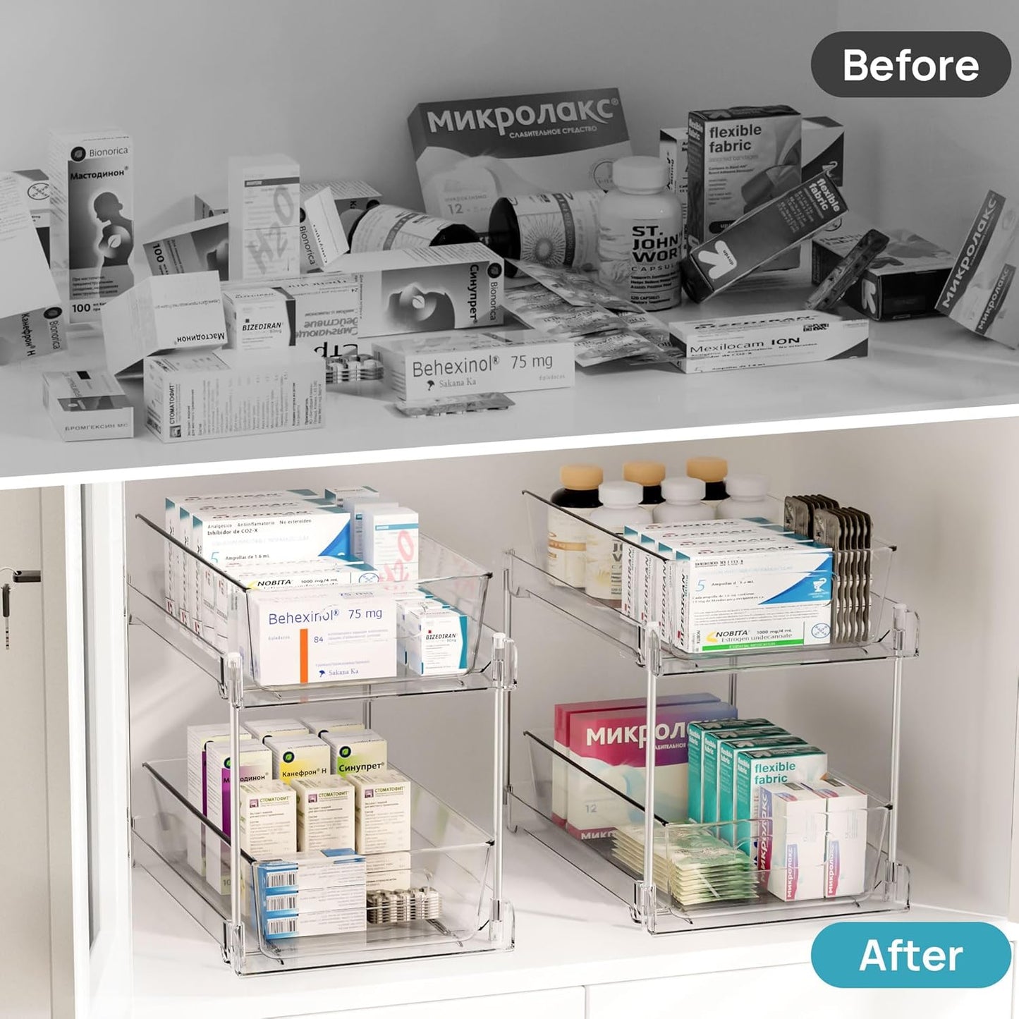 4 Pack Bathroom Organizer - 2 Tier Clear Under Sink Storage Bins | Vanity Countertop & Cabinet Drawers