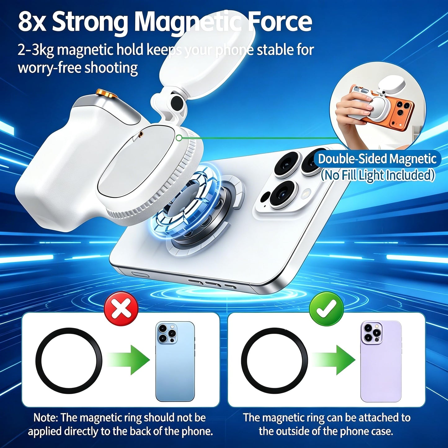 Fun Shot Magnetic Phone Camera Grip + Magnetic Selfie Light (Silver) Bundle Kit Compatible with iPhone Magsafe & Android, Creator Kit for Selfies/Photography/TikTok/Zoom Calls/Video