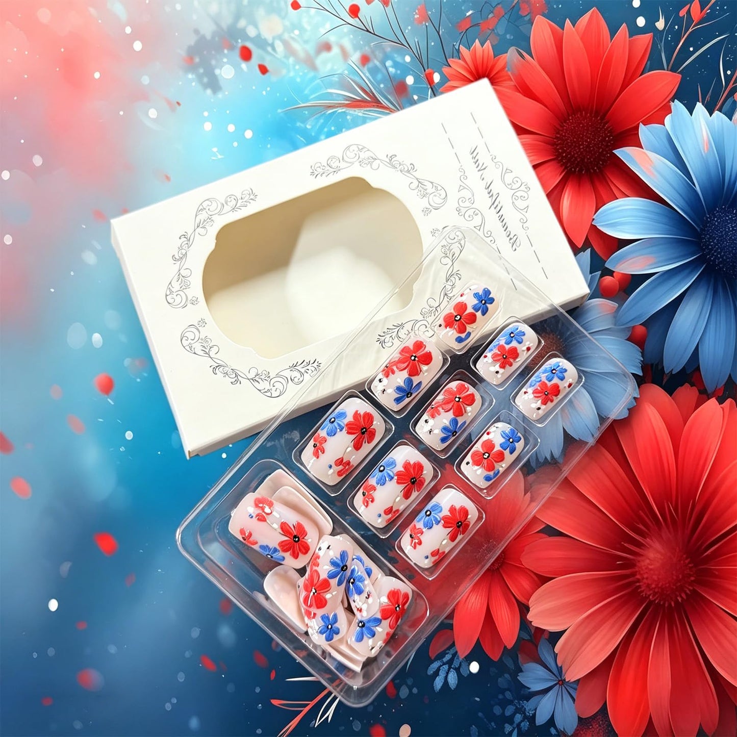 4th of July Press on Nails Medium Square Fake Nails with Red White Blue Flower Designs Glossy Acrylic Nails Press ons, 24Pcs Patriotic Independence Day Stick on Nails for Women Manicure